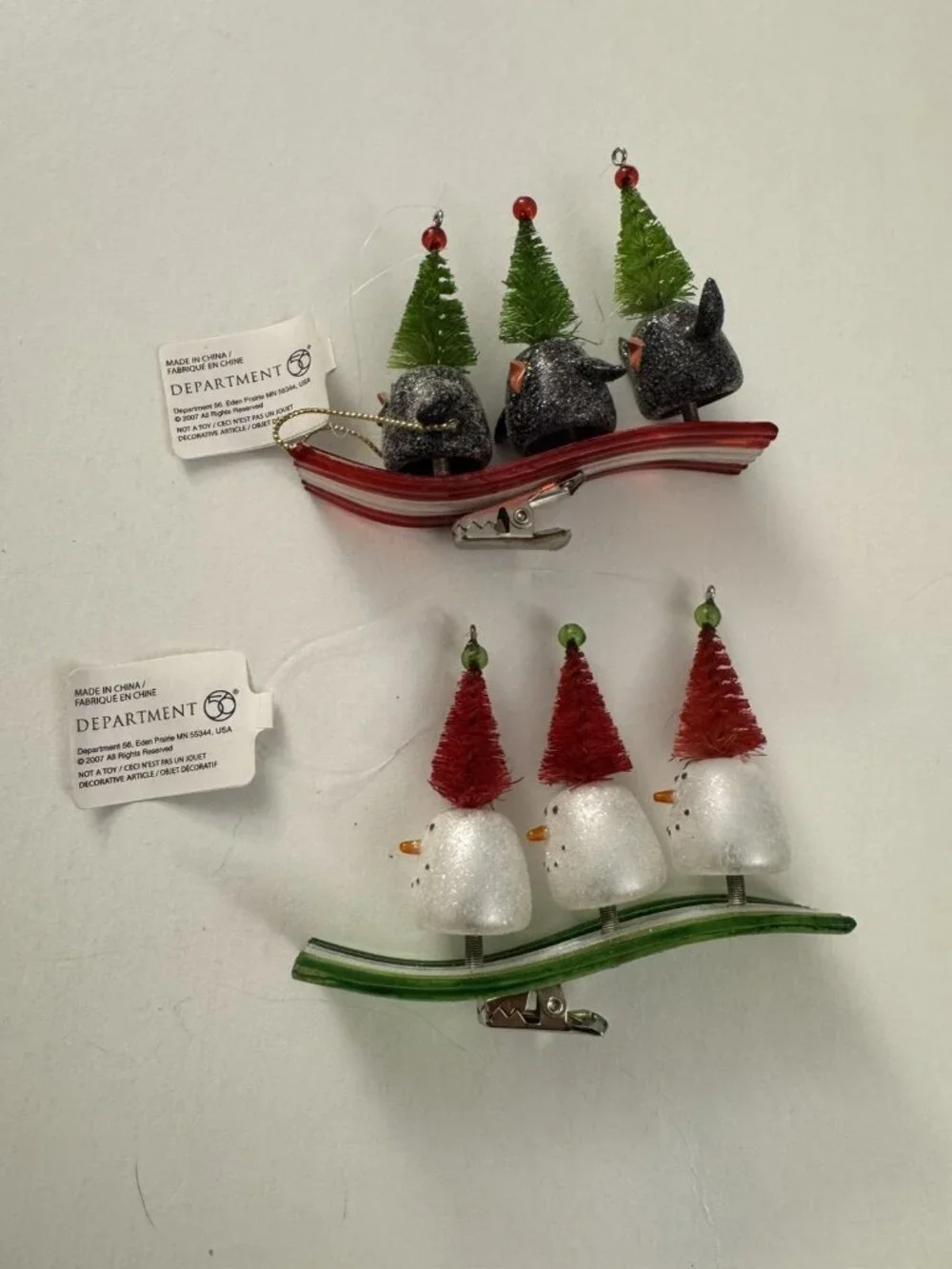 Clip On Snowman Penguin Head On Slope Lot of 2 Christmas Ornament MM15